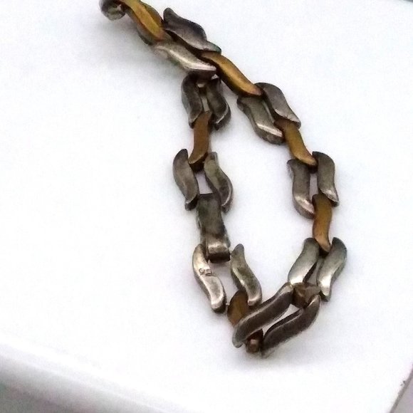 Vintage Mexico Sterling Silver and Copper Links Bracelet, Modernist Skinny Chunk - Picture 4 of 5